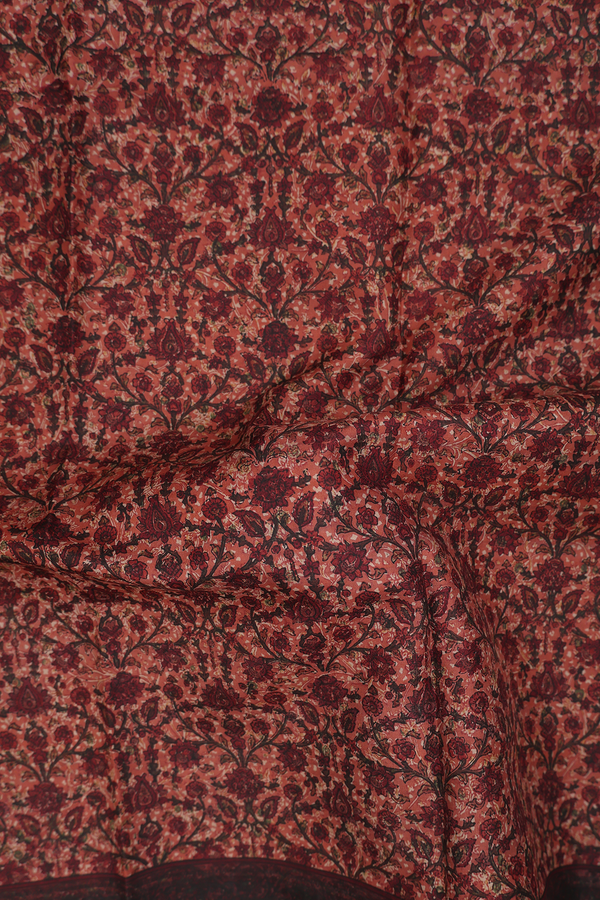 Printed Silk Saree In Cocoa Brown With Floral Design