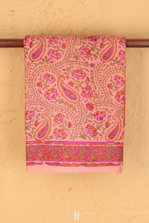 Printed Silk Saree In Copper Pink With Floral Design