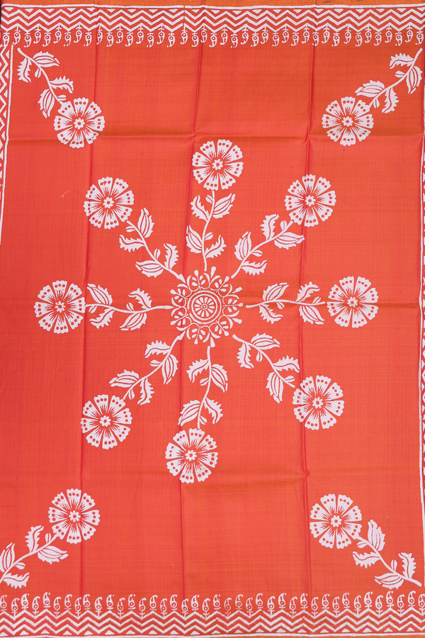 Printed Silk Saree In Coral Orange With Floral Design