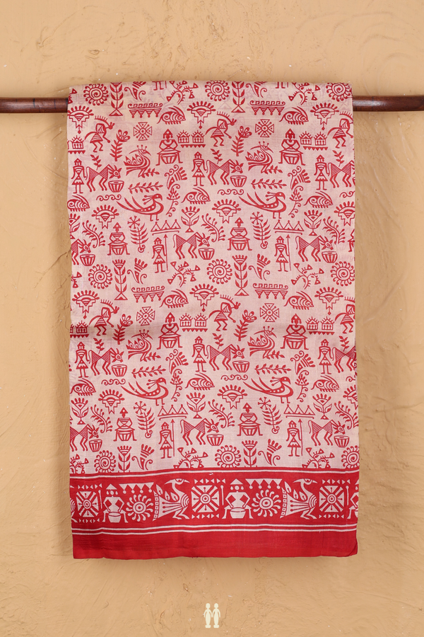 Printed Silk Saree In Cream Color With Warli Design