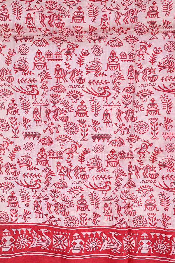 Printed Silk Saree In Cream Color With Warli Design