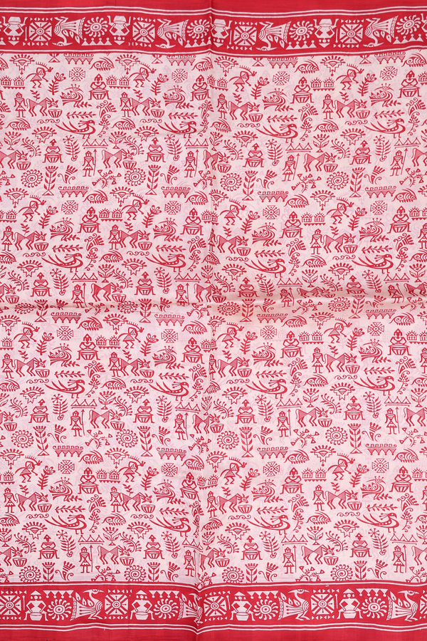 Printed Silk Saree In Cream Color With Warli Design