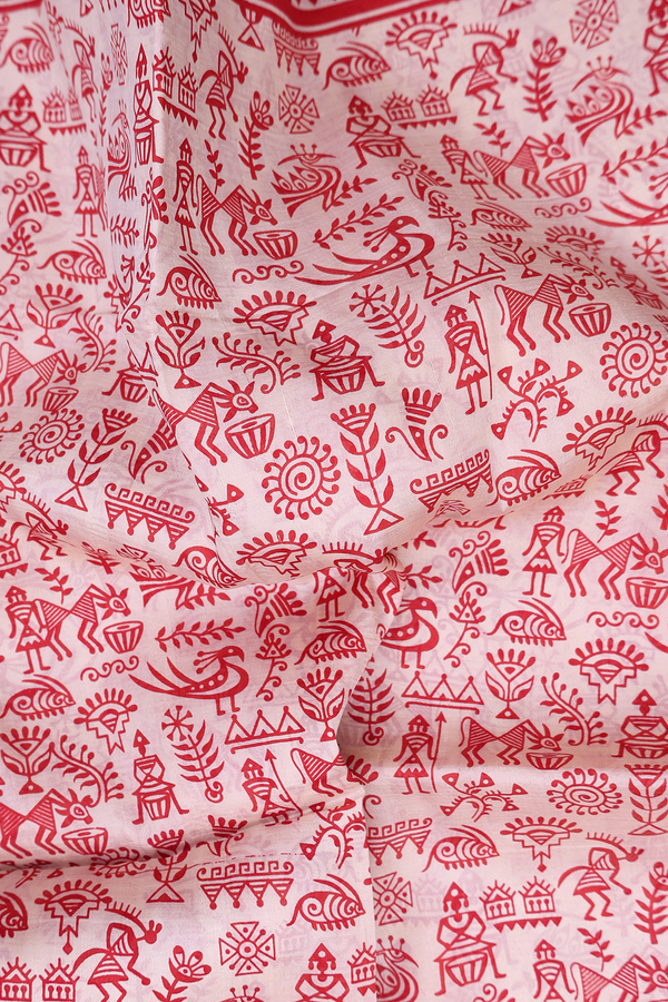 Printed Silk Saree In Cream Color With Warli Design