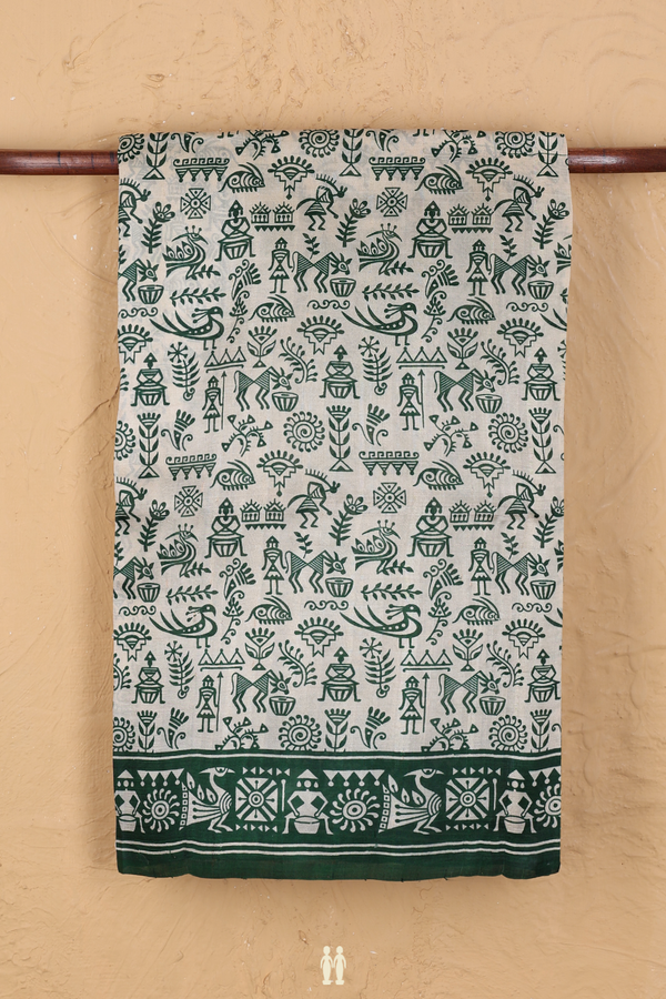 Printed Silk Saree In Cream Color With Warli Design