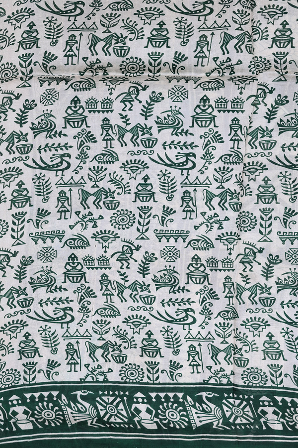 Printed Silk Saree In Cream Color With Warli Design