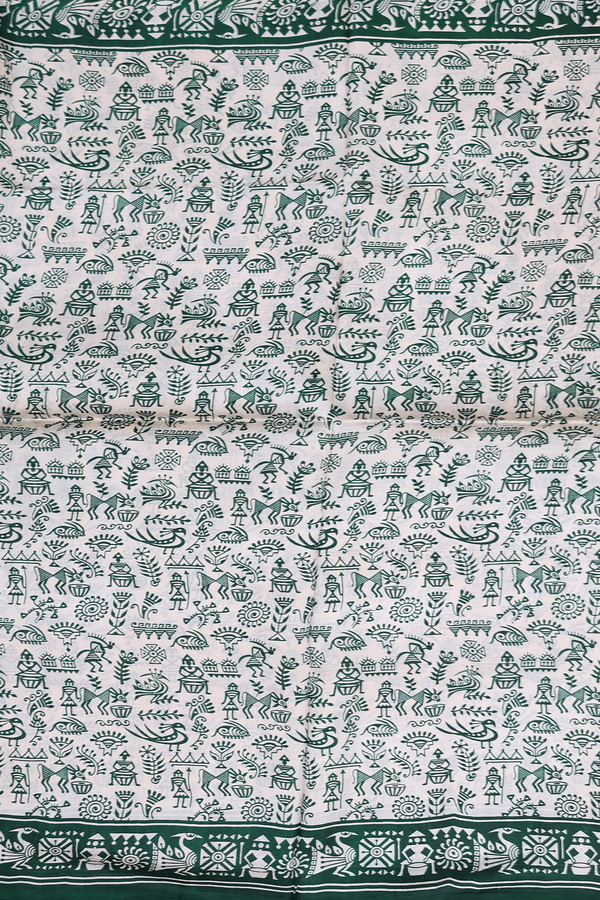 Printed Silk Saree In Cream Color With Warli Design