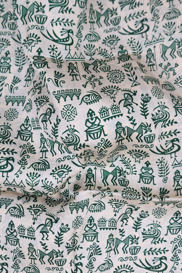 Printed Silk Saree In Cream Color With Warli Design