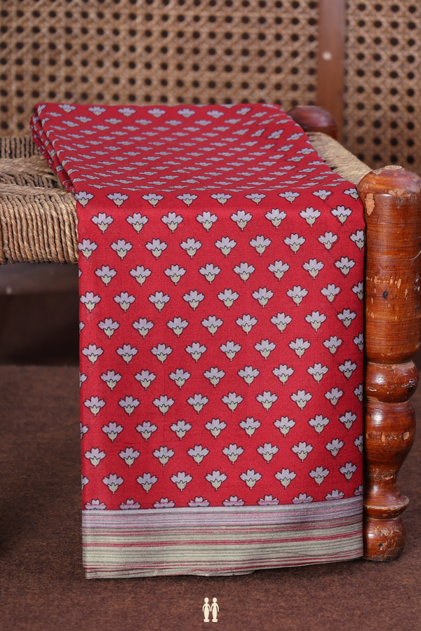 Printed Silk Saree In Crimson Red With Floral Buttas