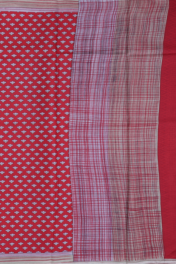 Printed Silk Saree In Crimson Red With Floral Buttas