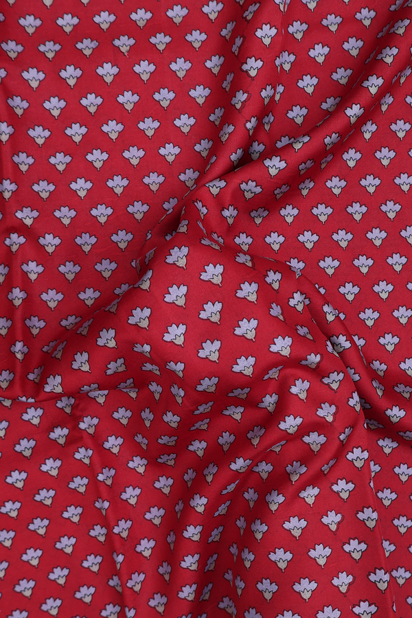 Printed Silk Saree In Crimson Red With Floral Buttas