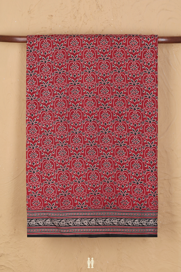 Printed Silk Saree In Crimson Red With Floral Design
