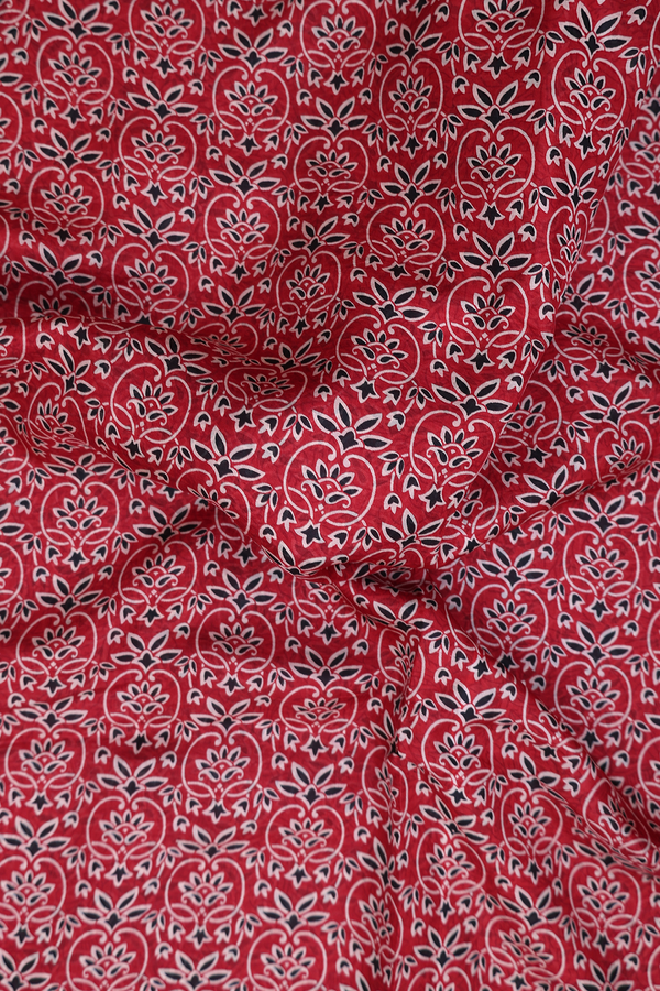Printed Silk Saree In Crimson Red With Floral Design