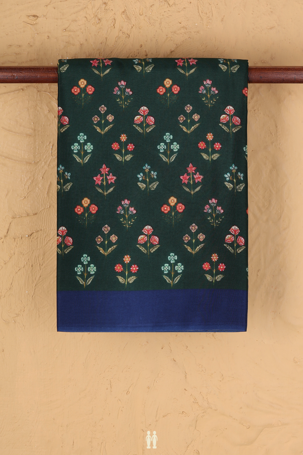 Printed Silk Saree In Dark Green With Floral Design