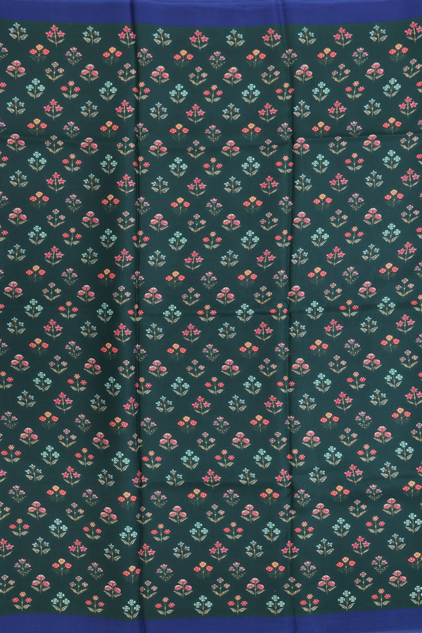 Printed Silk Saree In Dark Green With Floral Design