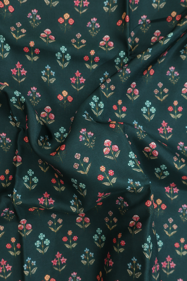 Printed Silk Saree In Dark Green With Floral Design