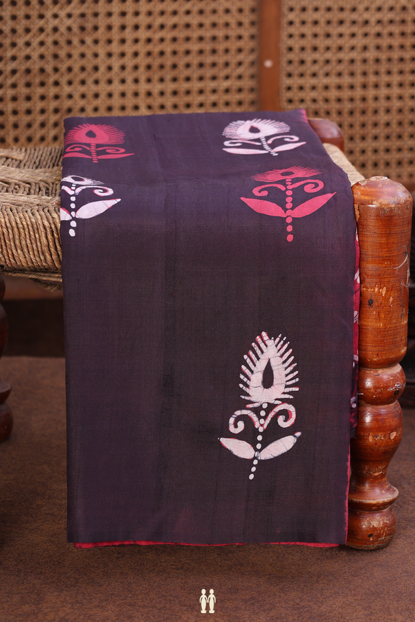Printed Silk Saree In Dark Oak Brown With Floral Buttas