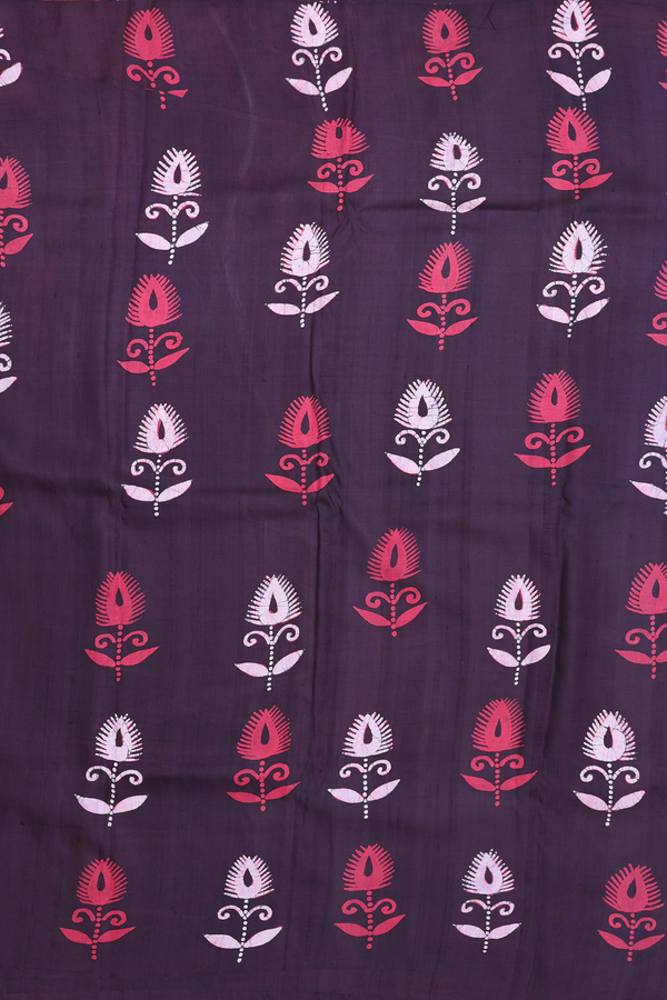 Printed Silk Saree In Dark Oak Brown With Floral Buttas