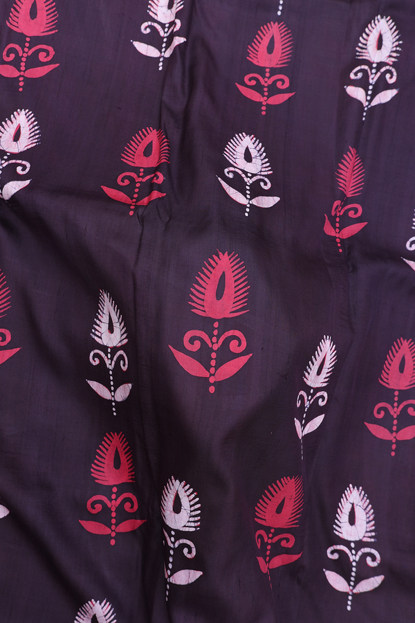 Printed Silk Saree In Dark Oak Brown With Floral Buttas