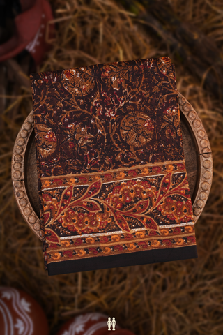 Printed Silk Saree In Dark Oak Brown With Floral Design