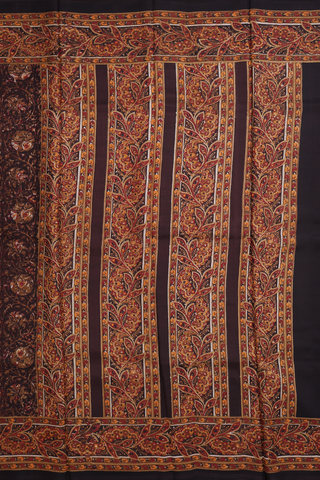 Printed Silk Saree In Dark Oak Brown With Floral Design