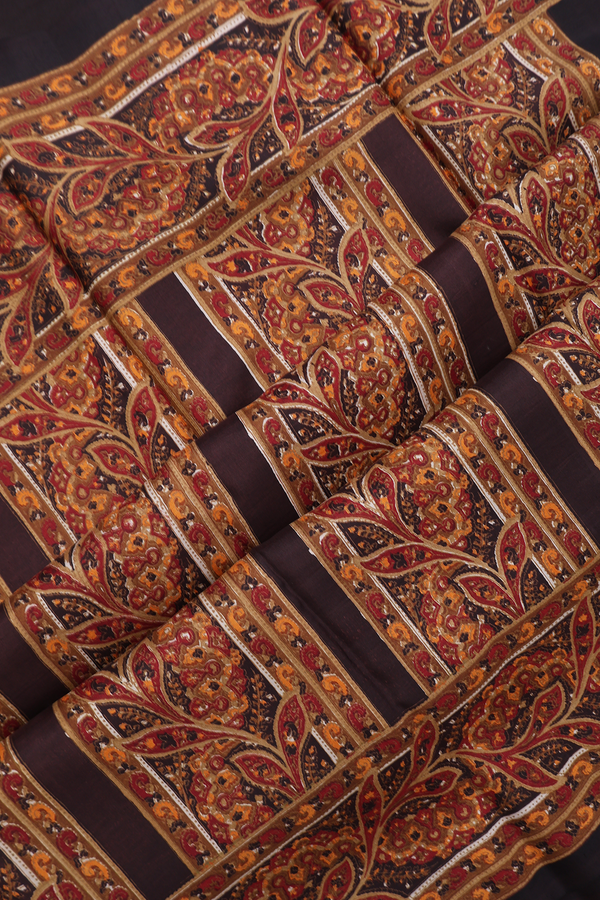 Printed Silk Saree In Dark Oak Brown With Floral Design