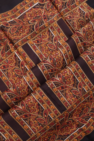 Printed Silk Saree In Dark Oak Brown With Floral Design