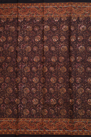 Printed Silk Saree In Dark Oak Brown With Floral Design
