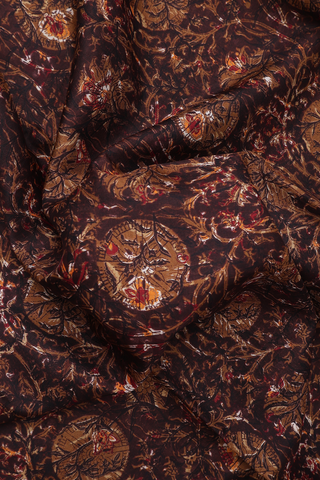 Printed Silk Saree In Dark Oak Brown With Floral Design