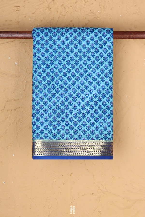 Printed Silk Saree In Deep Sky Blue With Floral Design