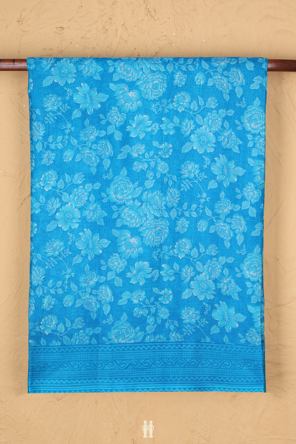 Printed Silk Saree In Deep Sky Blue With Floral Design