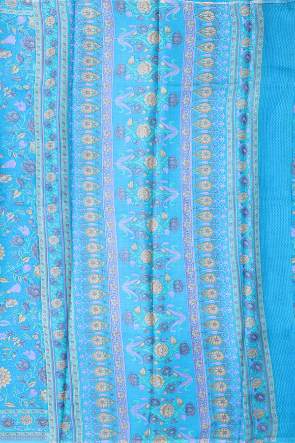 Printed Silk Saree In Deep Sky Blue With Floral Design