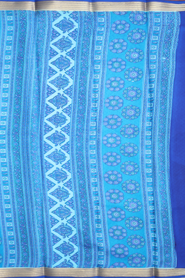 Printed Silk Saree In Deep Sky Blue With Floral Design