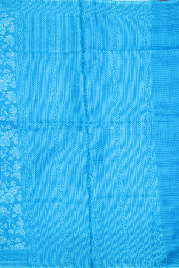 Printed Silk Saree In Deep Sky Blue With Floral Design