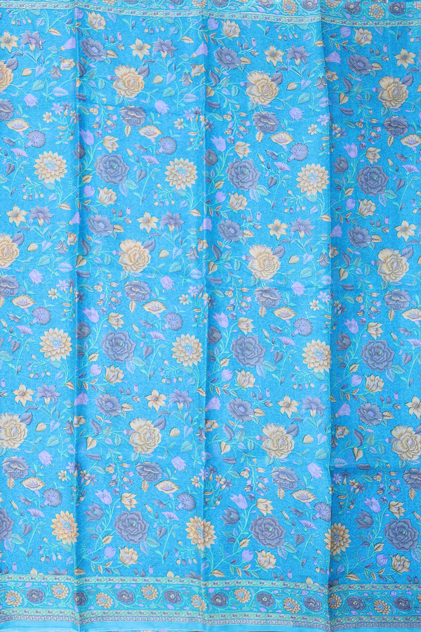 Printed Silk Saree In Deep Sky Blue With Floral Design