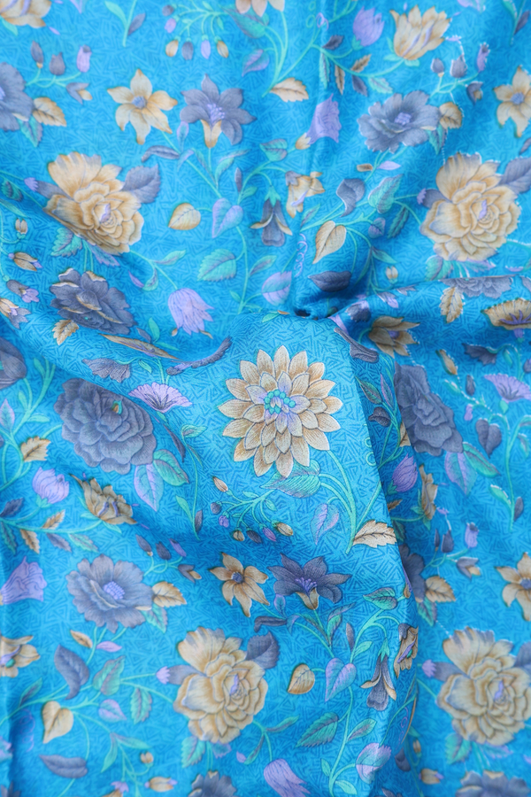 Printed Silk Saree In Deep Sky Blue With Floral Design