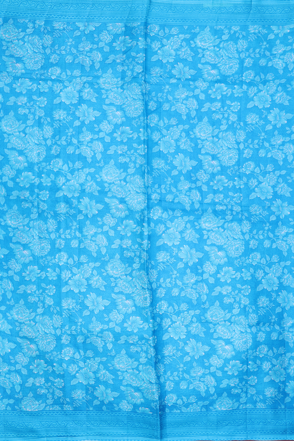 Printed Silk Saree In Deep Sky Blue With Floral Design