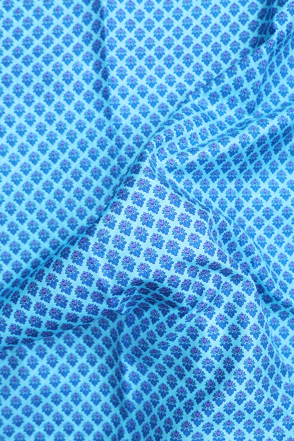 Printed Silk Saree In Deep Sky Blue With Floral Design