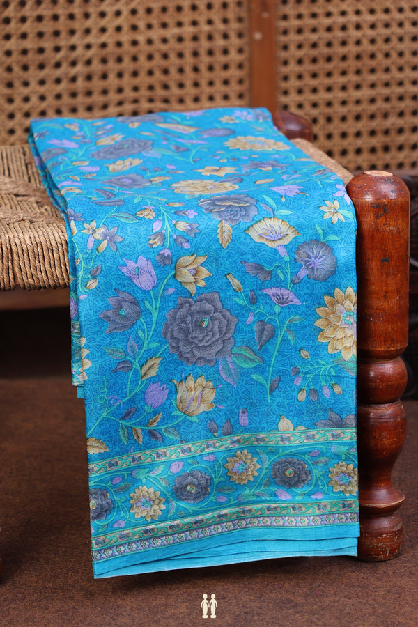 Printed Silk Saree In Deep Sky Blue With Floral Design