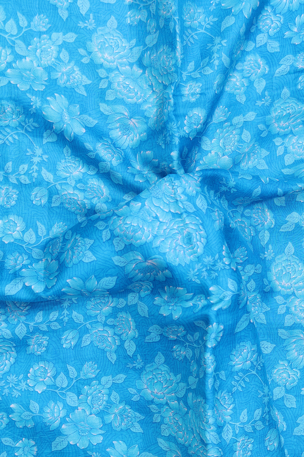 Printed Silk Saree In Deep Sky Blue With Floral Design