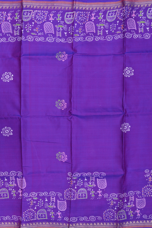 Printed Silk Saree In Purple With Floral Buttas