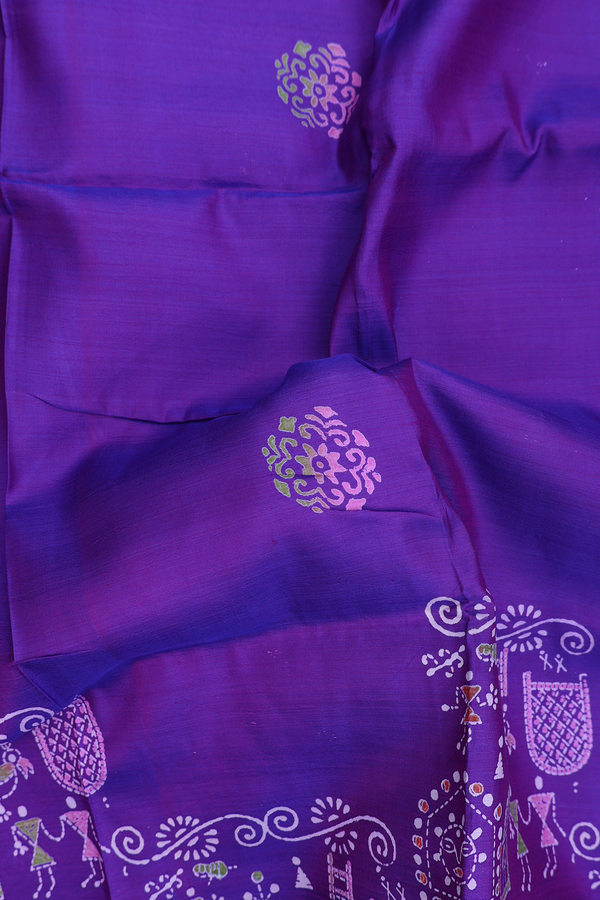 Printed Silk Saree In Purple With Floral Buttas