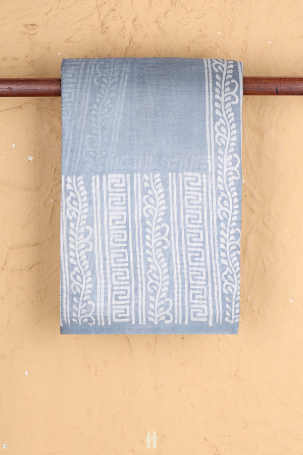 Printed Silk Saree In Dusty Blue With Floral Design