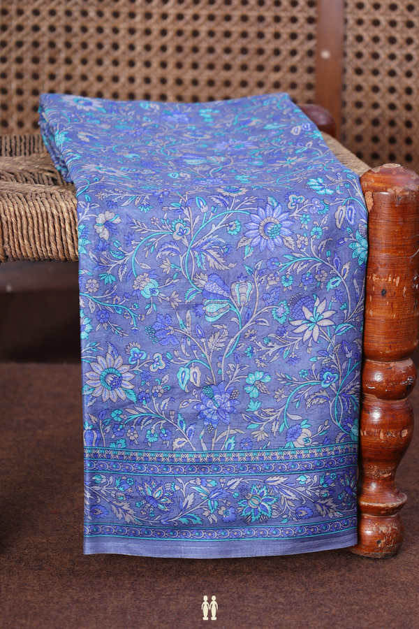Printed Silk Saree In Dusty Blue With Floral Design