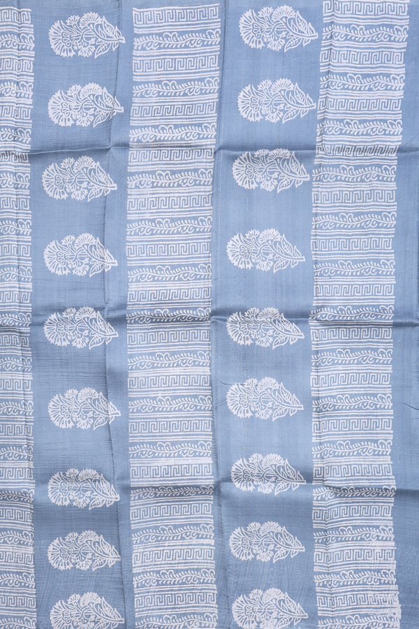 Printed Silk Saree In Dusty Blue With Floral Design