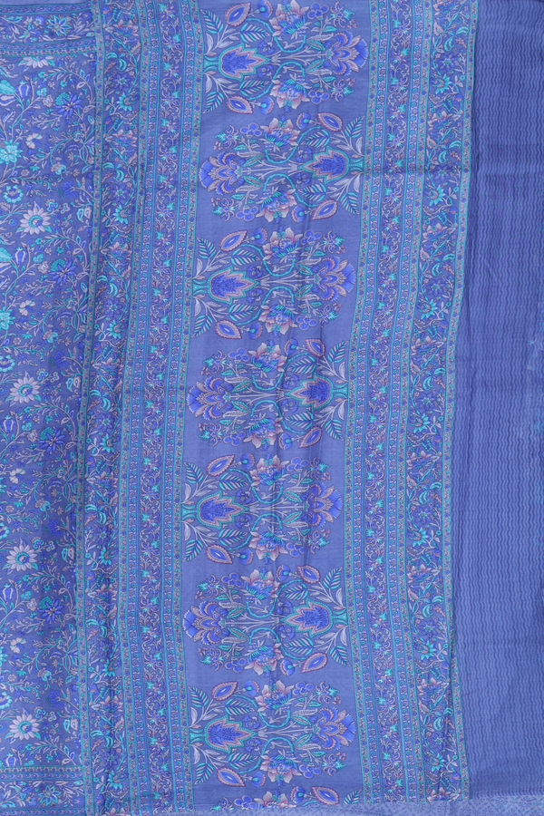 Printed Silk Saree In Dusty Blue With Floral Design