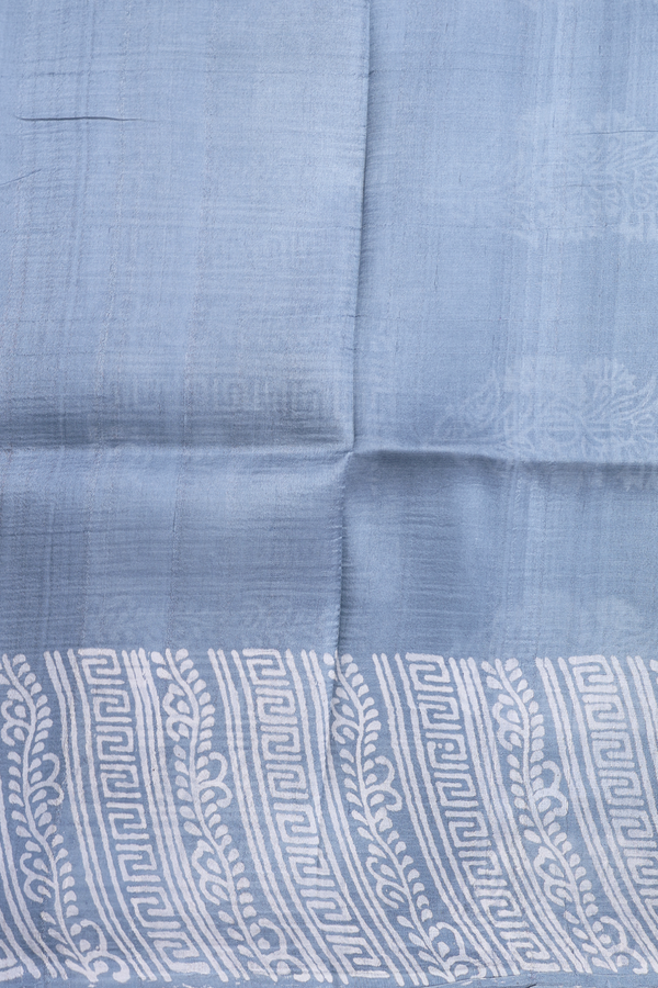 Printed Silk Saree In Dusty Blue With Floral Design