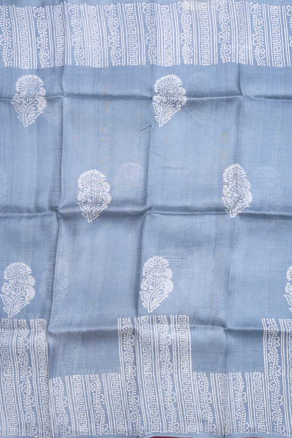 Printed Silk Saree In Dusty Blue With Floral Design