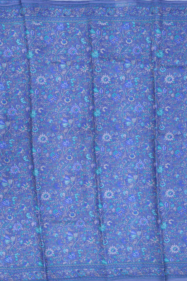 Printed Silk Saree In Dusty Blue With Floral Design