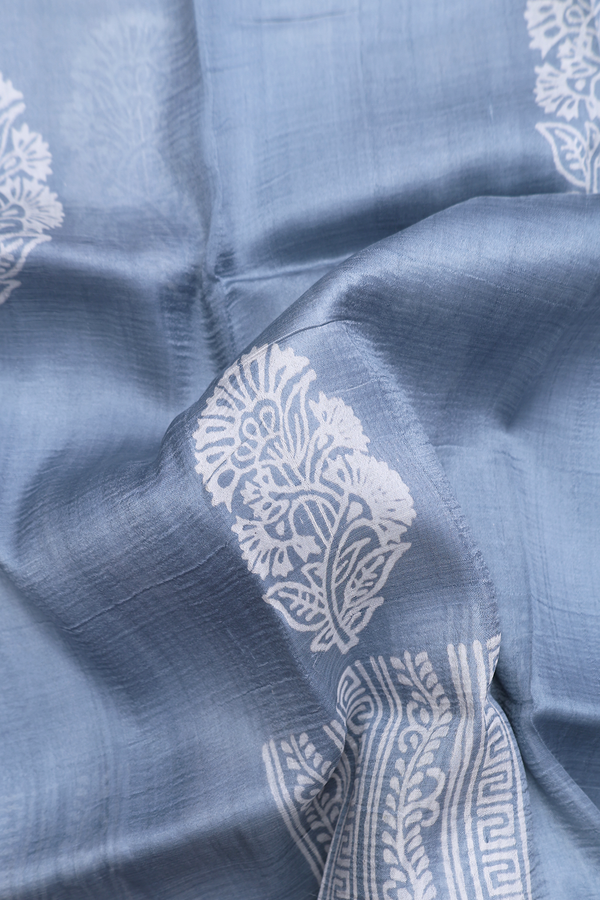 Printed Silk Saree In Dusty Blue With Floral Design