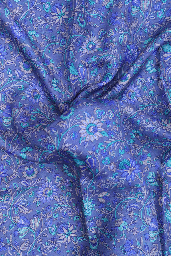 Printed Silk Saree In Dusty Blue With Floral Design
